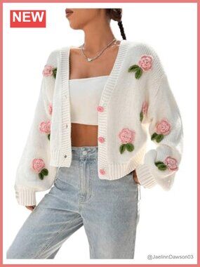 Floral Button Up Cropped Crochet Cardigan Boho Knit Sweater Long Sleeve V-Neck